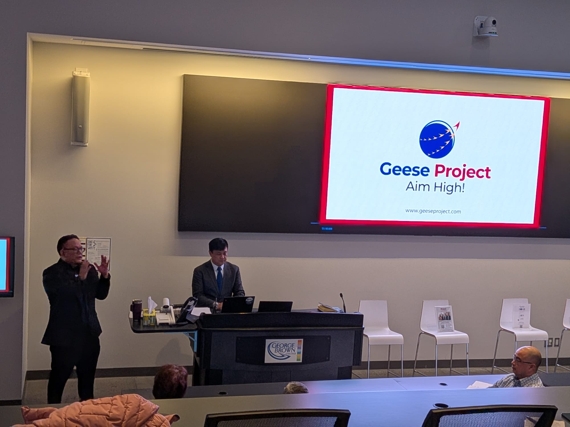 Richard Caballero presenting the Geese Project at The Perfect Storm event, George Brown College Toronto.
